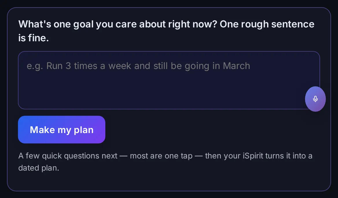 The first screen after sign-up: one goal box with the hint 'e.g. Run 3 times a week and still be going in March' and a 'Make my plan' button